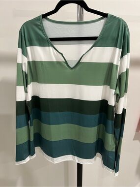 Striped V-Neck Long Sleeve Top in Green, Black and White